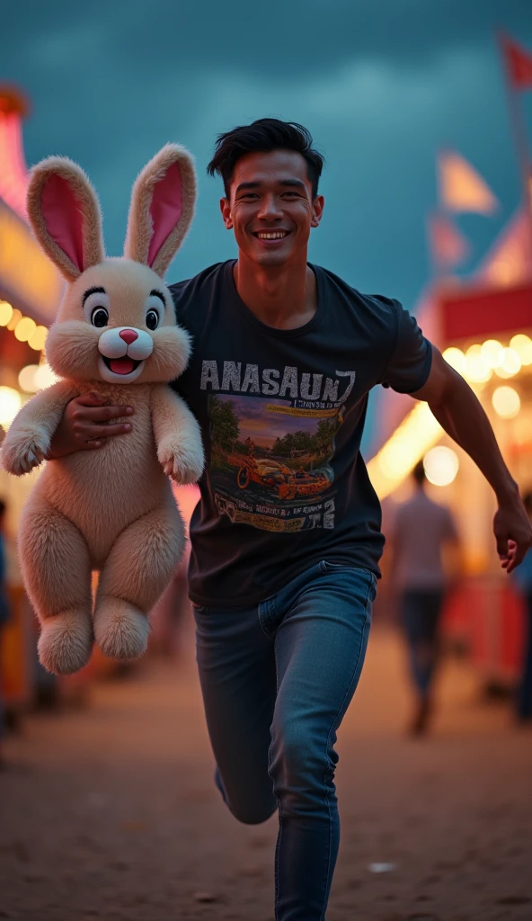 photorealistic, best quality, masterpiece, extremely detailed, sexy, homoerotic, extremely handsome, youthful, 25 year old muscular bruneian man, ((muscular bodybuilder)), massive thighs, fitted graphic print tshirt, tight jeans, big smile, happy, holding out a stuffed rabbit toy with big floppy ears towards camera, running towards the camera, at funfair carnival, at midnight, ambient lighting, dramatic shadows, extremely romantic atmosphere, perfect face, perfect fingers, perfect hands, perfection