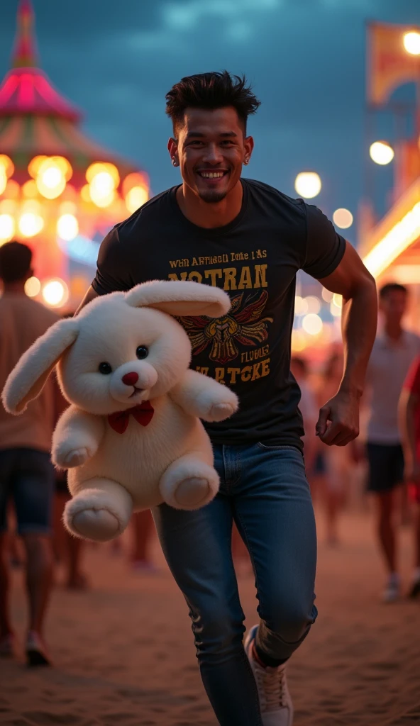photorealistic, best quality, masterpiece, extremely detailed, sexy, homoerotic, extremely handsome, youthful, 25 year old muscular bruneian man, ((muscular bodybuilder)), massive thighs, fitted graphic print tshirt, tight jeans, big smile, happy, holding out a stuffed rabbit toy with big floppy ears towards camera, running towards the camera, at funfair carnival, at midnight, ambient lighting, dramatic shadows, extremely romantic atmosphere, perfect face, perfect fingers, perfect hands, perfection