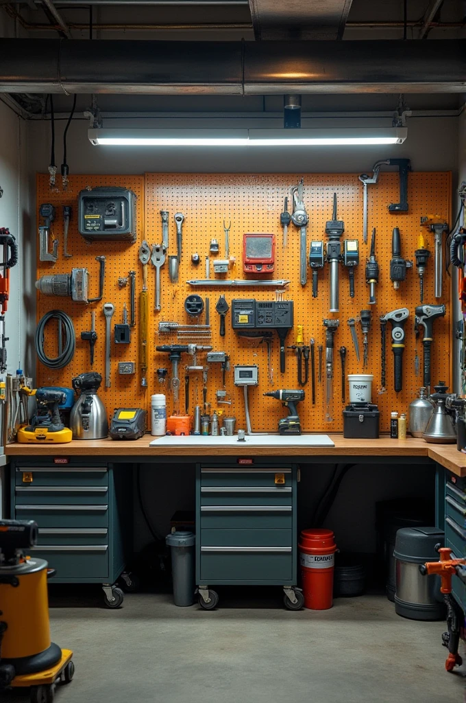 In the workshop there is a tool rack on the wall