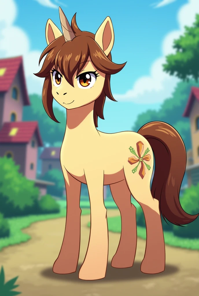 Create an image of the character Ayanokouji Kiyotaka from the anime Classroom of the Elite but as a pony from the MLP world. His hair color is brown and amber eyes and fair skin. He is male and has a cutie mark for manipulation. His fur is shorter like a book but with a lock of hair on his forehead and a lighter fur tone but with his pony form and without clothes and that he has the and a horn and a face lacking emotions and male.
