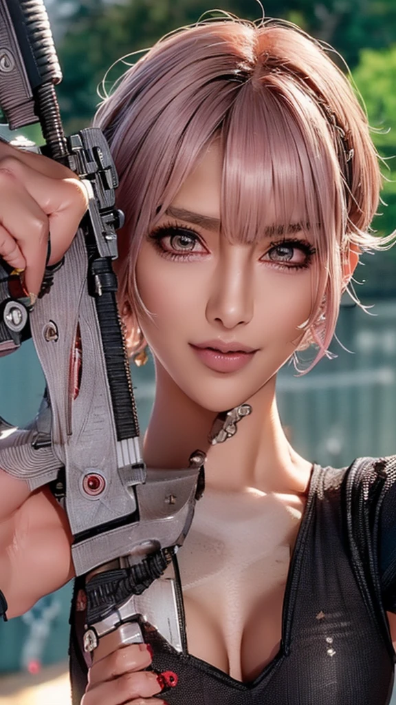 (Highest quality), Realistic, (live-action),(Short Hair,Sharp bangs)Showing off your crotch,Highest quality,Highest quality,8k images,Pink Hair,High heels,Small face,((Big Breasts))Leg spread、1 gun,(((Point the tip of your gun towards the camera:1.8))),Highest quality32K