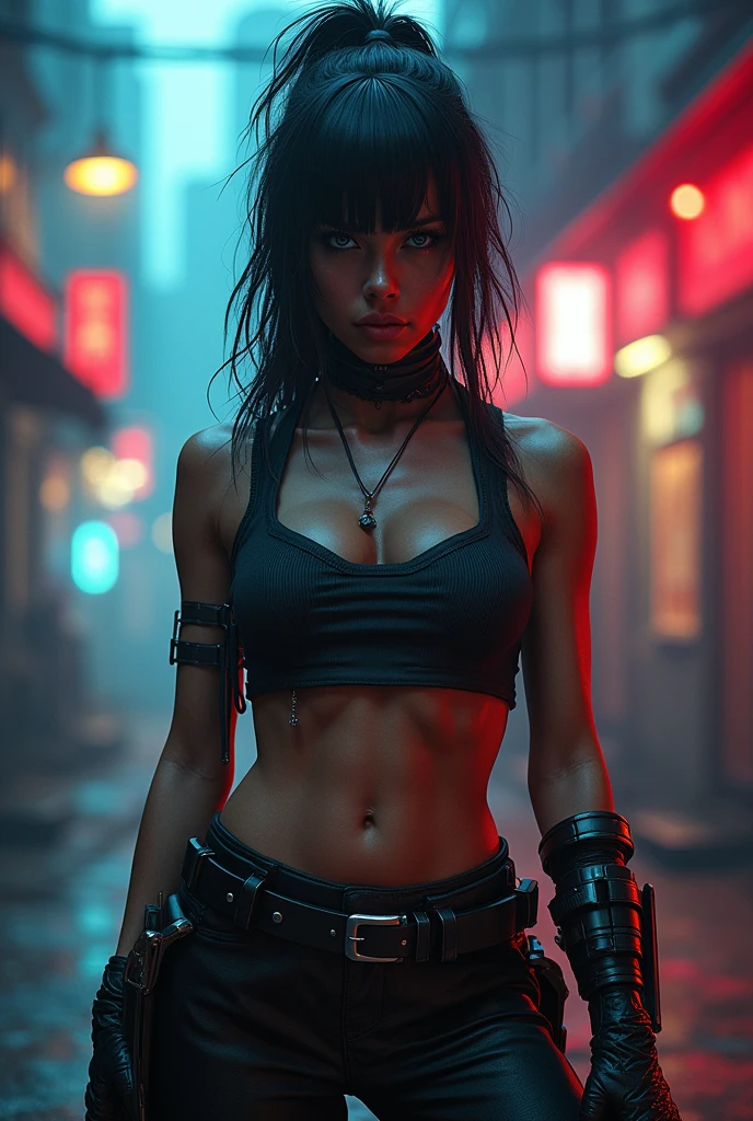 ((Best quality)), ((masterpiece)), (highly detailed:1.3), 3D, beautiful (cyberpunk:1.3) street samurai woman with thick shapeless hair, pistols worn on hips, cinematic lighting, depth of field.