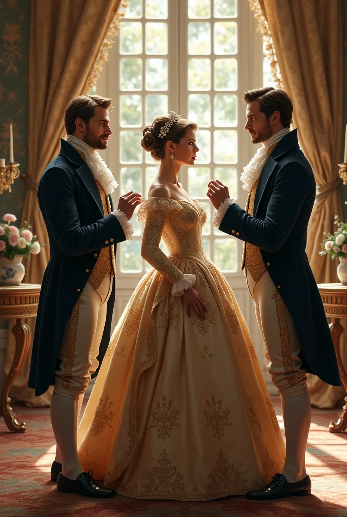 Men courting a woman in 18th century clothing