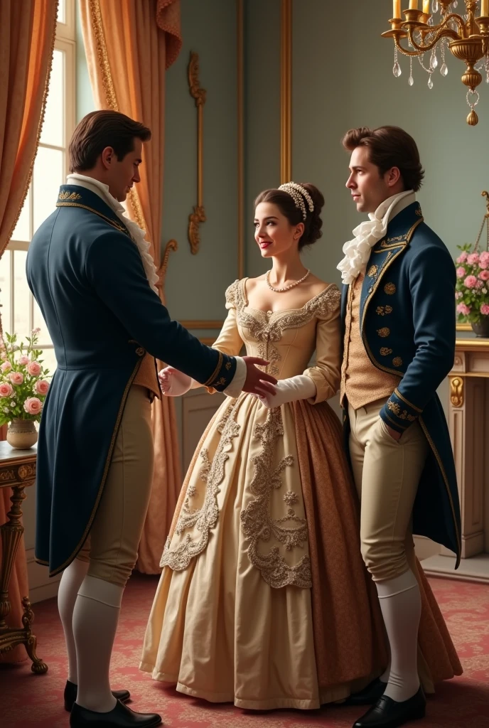 Men courting a woman in 18th century clothing