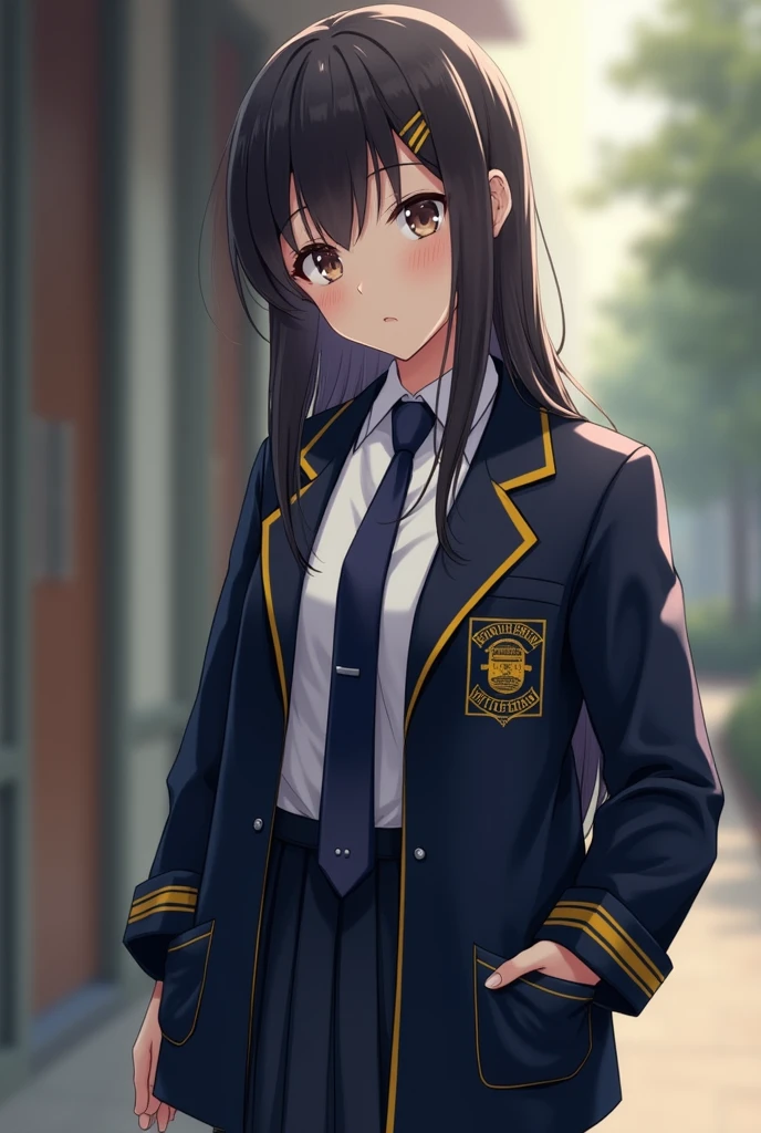 GENERATE A STUDENT GIRL OPEN WOOL JACKET DARK BLUE WITH STAMP SAYING LEIBNITZ MUSTARD COLOR WITH BUTTONS DARK BLUE TIE AND WHITE SHIRT WITHOUT JACKET