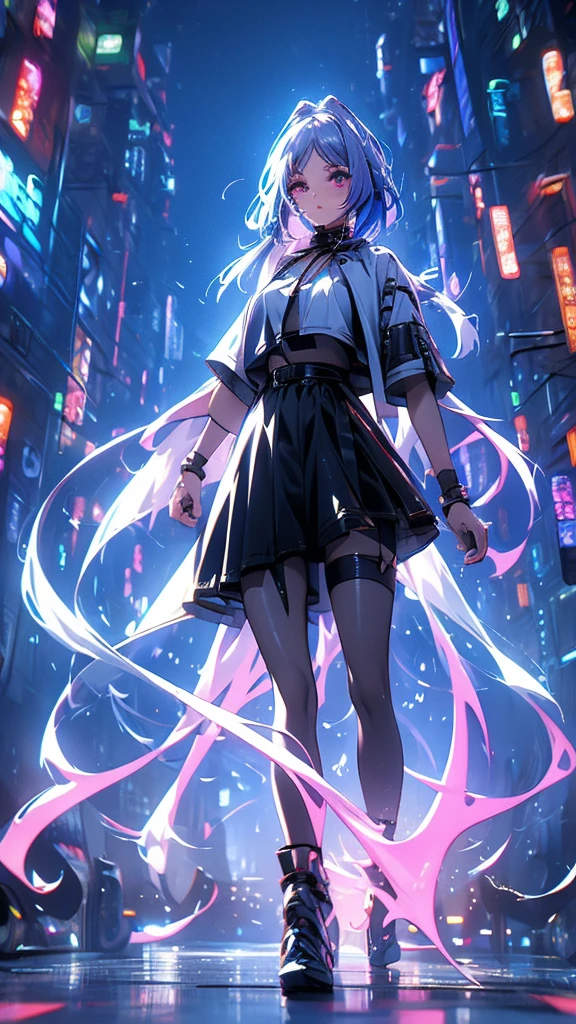 1 person, 20-year-old girl, One person, (Silver Hair), Long pointed ears、Elf、(Gradient sky blue hair tip:1.6), hair, Ridiculously long hair, Single Side Lock, Wavy Hair, Shine髪, Floating Hair, (Fantastic deep purple eyes), Delicate eyes, Aqua Eye, Very fine eye, Long upper eyelashes, ((Glowing Eyes)), compensate, Focus on the face, Highly detailed facial, Pretty face, Perfect breasts, Hot body, (Delicate skin texture:1.2), break, White extra long skirt, Fashion Clothing, necklace, Technical clothing masterpiece, on the road, Gazing at the starry sky, meteor, cyber punk, Detailed Background, The perfect layered cut, clean focus, (magazine:1.3), (Cover Style:1.3), Octane Rendering, Tyndall effect, Real, Dark studio, Side light, 2-color illumination, realism, Chiaroscuro, (Shine光), Shine, Ray Tracing, Cinema Lighting, Futurism, Motion Blur, Atmospheric perspective, Depth of written boundary, Bokeh, Highest quality, 超High resolution, Super Detail, masterpiece, High resolution, Accurate, retina, Anatomically correct