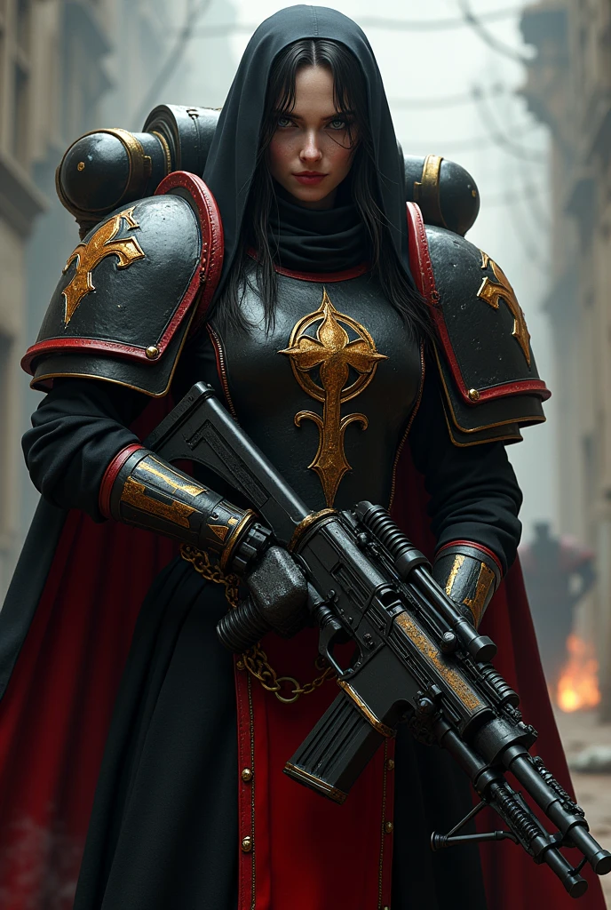 A warhammer 40K Battle Sister, long dark hair, a fleur-de-lys tattoo on the cheek, a goth look, she miss one ear, she has a prothesis radar scope on one eye, big pale blue eyes and a black and red power armor and Church robe, holding a big plasma gun, she look like a psycho enjoying to kill, grinning