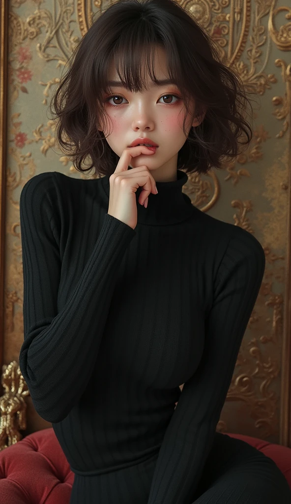 Japanese woman wearing a black sweater、 (((masterpiece))), ((Highest quality)), ((Intricate details)), (((超Realistic)), irrational solution, The Law of Perspective, Very detailed, Realistic, 1 person, ((Big Breasts)), Perfect hands, Finger details, Beautiful and beautiful eyes, short hair, Brown eyes,(turtleneck:1.2), Tight Skirt, Detailed Background, choker, Perfect Eyes, Captivating eyes, Looking at the audience, from the front、Laughter、Moles around the mouth、Knitted dress