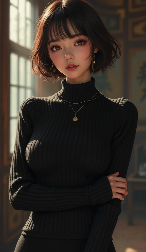 Japanese woman wearing a black sweater、 (((masterpiece))), ((Highest quality)), ((Intricate details)), (((超Realistic)), irrational solution, The Law of Perspective, Very detailed, Realistic, 1 person, ((Big Breasts)), Perfect hands, Finger details, Beautiful and beautiful eyes, short hair, Brown eyes,(turtleneck:1.2), Tight Skirt, Detailed Background, choker, Perfect Eyes, Captivating eyes, Looking at the audience, from the front、Laughter、Moles around the mouth、Knitted dress