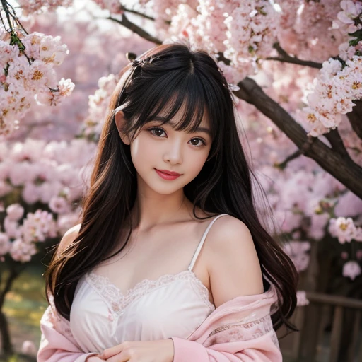 best quality, Delicate face,beautiful visual work, lifelike, eternity, black hair, Long curly hair, blunt bangs, Smile, Detailed Background, Delicate face,blush,cold,((masterpiece))、(top quality)、8k、high detail、Super detailed,41-year-old female,Wearing a yukata, masterpiece、born、Scenes resembling fairy tale illustrations、intricate details和複雜的設計、Beautifully、magic、capricious、 Beautifully、Dream aesthetics、「𝓡𝓸𝓶𝓪𝓷𝓽𝓲𝓬、ethereal、charming、fickle、magic」、realism、Visual effects、FXAA、SSAO、Shader、voiceless、ambient lighting、Tone mapping、High resolution、Ultra high quality、Million pixels、(8K resolution:1.10)、8k、8k以下、8K resolution、high detail、intricate details, (high quality:1.2、masterpiece:1.2、:1.21)、(41-year-old female:1.21)、(興奮地Smile)、(Surrounded by a dreamy atmosphere、Model diagram,full-body shot,Normal 2 feet,Put your hands behind you,The protrusion of the breast is visible when wearing clothes, Large Breasts, H cup chest, pink clothes, Don't show your fingers, full-body shot, full-body shot,full-body shot,full-body shot,full-body shot,full-body shot,full-body shot,full-body shot,hands hidden in clothes, hands hidden in clothes,hands hidden in clothes,hands hidden in clothes,hands hidden in clothes,hands hidden in clothes,hands hidden in clothes,hands hidden in clothes,hands hidden in clothes, ,hands hidden in sleeves ,hands hidden in sleeves ,hands hidden in sleeves ,hands hidden in sleeves ,hands hidden in sleeves ,hands hidden in sleeves ,hands hidden in sleeves ,hands hidden in sleeves, arms behind back, arms behind back,Pink and white yukata with flower pattern, Pink and white floral pattern yukata, Yukata with cherry blossom pattern on it, White yukata with cherry blossoms printed on it, In Sakura Tree Park, Maruyama Park in Japan is full of cherry blossoms, In the park
