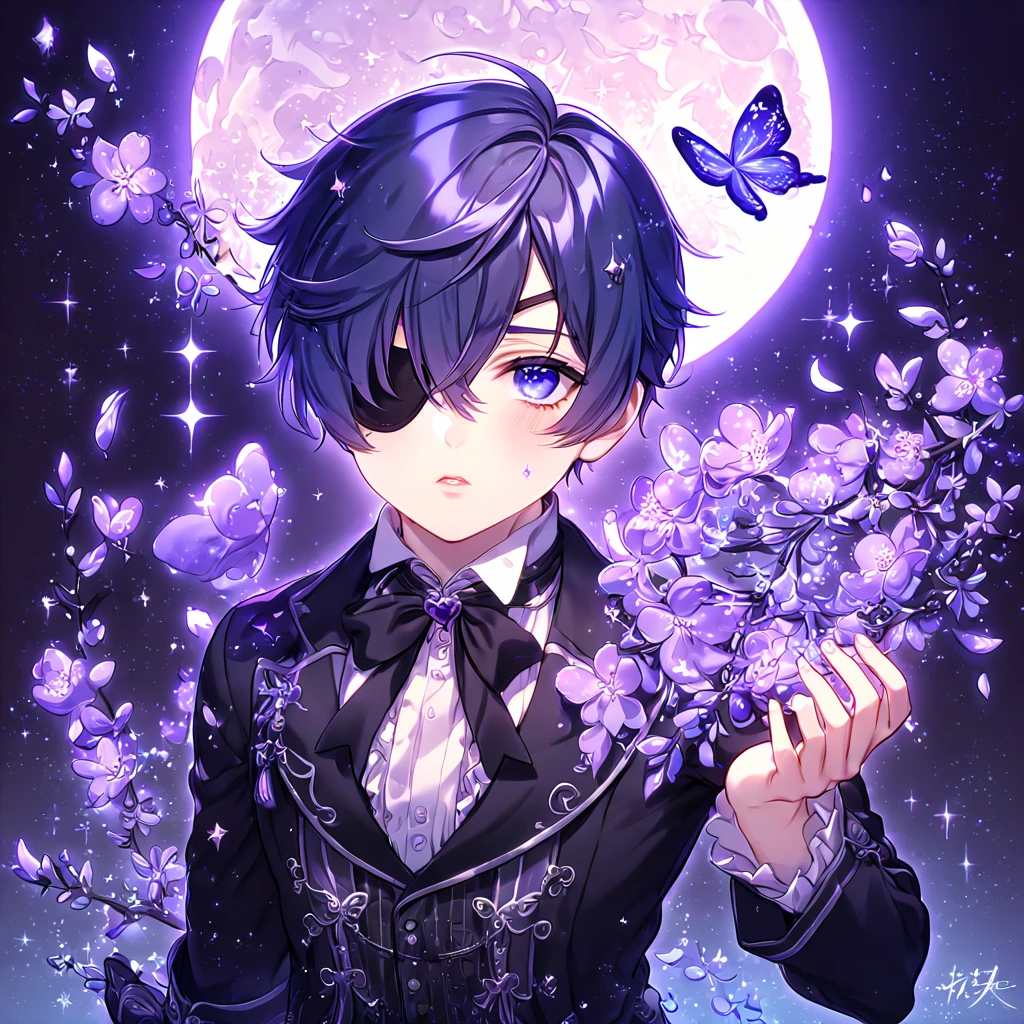 absurdres, highres, ultra detailed, HDR, master piece, best quality, extremely detailed, Ciel Phantomhive, dark blue hair, expressive blue eyes, black eye patch over the left eye, Kuroshitsuji, solo, sexy man, handsome, sensual, manly man, black clothes, fantasy, magical, shining, purple flowers, blossoms, water, purple petals, purple butterflies, sparkling, purple moon, starry sky