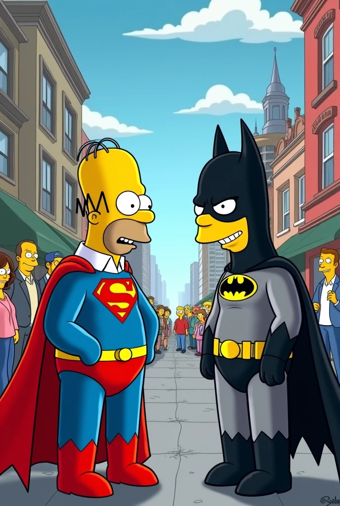 Homer Simpson dressed as Superman vs Bart dressed as Batman