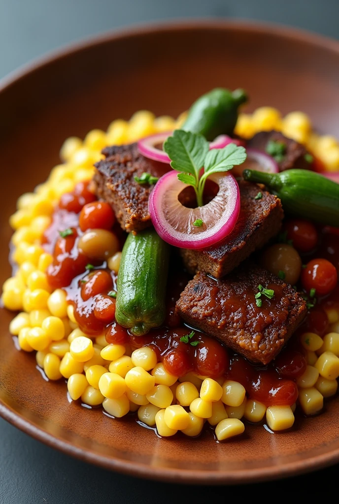 Presentations of a dish of canjiquinha with oxtail, with red onion pickles , okra and sauce