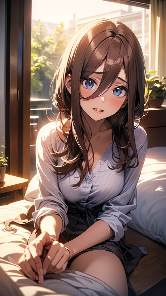 realistic, dramatic, sensual, highly detailed portrait of a beautiful young woman with long reddish brown hair, big blue eyes with long eyelashes, detailed facial features, smooth vibrant anime-style skin texture, perfect busty figure, confident and attractive pose, white panties visible, hotel room night view, soft lighting, romantic and sensual atmosphere, (best quality, 4k, 8k, highres, masterpiece:1.2), ultra-detailed, (realistic, photorealistic, photo-realistic:1.37), HDR, UHD, studio lighting, ultra-fine painting, sharp focus, physically-based rendering, extreme detail description, professional, vivid colors, bokeh, portraiture, anime