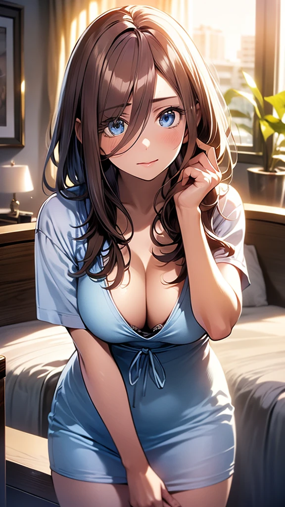 realistic, dramatic, sensual, highly detailed portrait of a beautiful young woman with long reddish brown hair, big blue eyes with long eyelashes, detailed facial features, smooth vibrant anime-style skin texture, perfect busty figure, confident and attractive pose, white panties visible, hotel room night view, soft lighting, romantic and sensual atmosphere, (best quality, 4k, 8k, highres, masterpiece:1.2), ultra-detailed, (realistic, photorealistic, photo-realistic:1.37), HDR, UHD, studio lighting, ultra-fine painting, sharp focus, physically-based rendering, extreme detail description, professional, vivid colors, bokeh, portraiture, anime