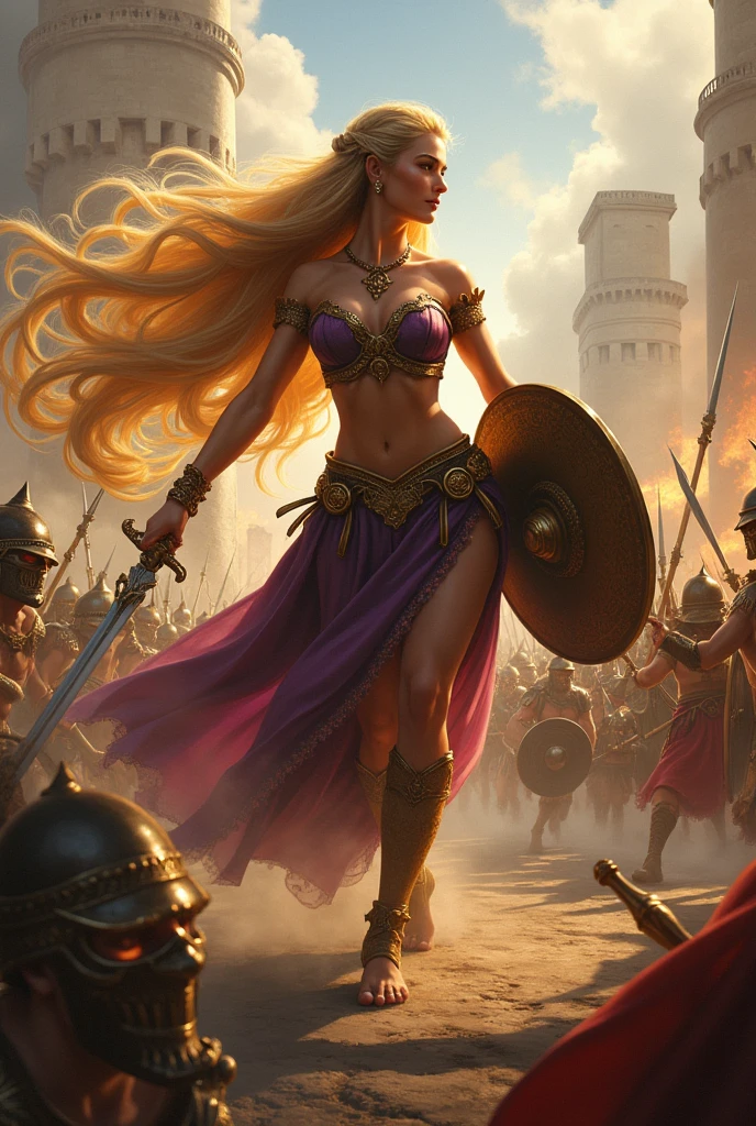 Rapunzel fighting in the battle of Troy