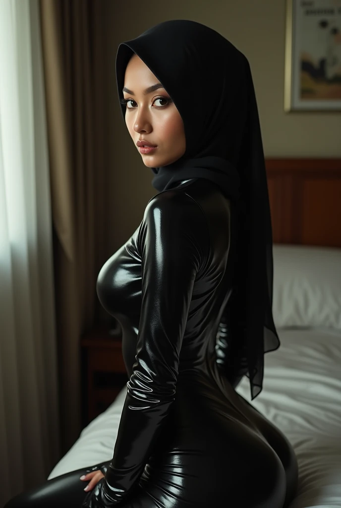 (Photography)(dynamic) Show a female Malay, wearing latex bodysuit, hijab, sitting on bedroom. Sexy.