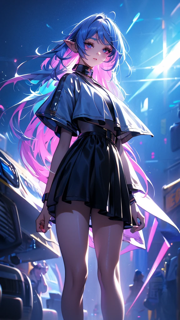 cyber punk、1 person, 20-year-old girl, One person, (Silver Hair), Long pointed ears、Elf、(Gradient sky blue hair tip:1.6), hair, Ridiculously long hair, Single Side Lock, Wavy Hair, Shine髪, Floating Hair, (Fantastic deep purple eyes), Delicate eyes, Aqua Eye, Very fine eye, Long upper eyelashes, ((Glowing Eyes)), compensate, Focus on the face, Highly detailed facial, Pretty face, Perfect breasts, Hot body, (Delicate skin texture:1.2), break, White extra long skirt, Fashion Clothing, necklace, Technical clothing masterpiece, on the road, Gazing at the starry sky, meteor, cyber punk, Detailed Background, The perfect layered cut, clean focus, (magazine:1.3), (Cover Style:1.3), Octane Rendering, Tyndall effect, Real, Dark studio, Side light, 2-color illumination, realism, Chiaroscuro, (Shine光), Shine, Ray Tracing, Cinema Lighting, Futurism, Motion Blur, Atmospheric perspective, Depth of written boundary, Bokeh, Highest quality, 超High resolution, Super Detail, masterpiece, High resolution, Accurate, retina, Anatomically correct