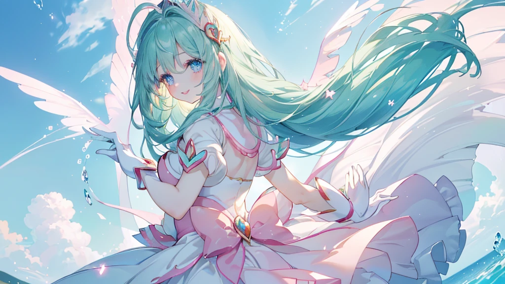 (Spread your hands), (((Highest quality、masterpiece、Ultra-fine、Ultra-fine、髪UP,Green Hair,Exquisite、Absolute area,dress,16K,cute,profile,The best smile,Full HD,)), ( ((summer,One person,かわいいMagical girl,)))Blue Eyes、Long eyelashes、White skin、(Pale pink lips、Pale pink cheeks、thin and long)、((かわいいMagical girl,The best smile)), (One person)) 、(blue sky)) 、 ((Magical girl)