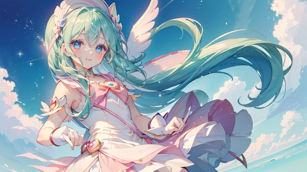 (Spread your hands), (((Highest quality、masterpiece、Ultra-fine、Ultra-fine、髪UP,Green Hair,Exquisite、Absolute area,dress,16K,cute,profile,The best smile,Full HD,)), ( ((summer,One person,かわいいMagical girl,)))Blue Eyes、Long eyelashes、White skin、(Pale pink lips、Pale pink cheeks、thin and long)、((かわいいMagical girl,The best smile)), (One person)) 、(blue sky)) 、 ((Magical girl)