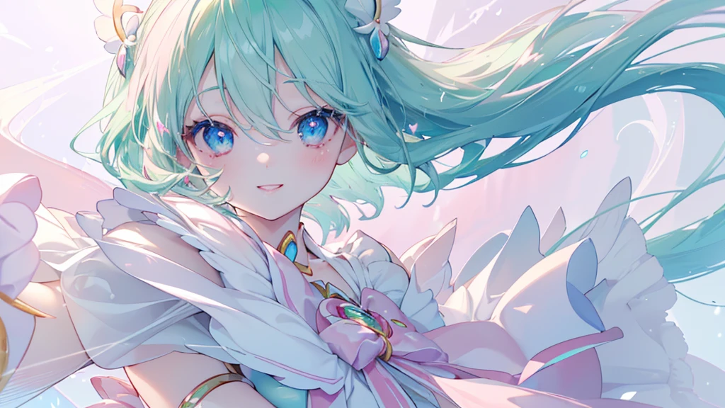 (Spread your hands), (((Highest quality、masterpiece、Ultra-fine、Ultra-fine、髪UP,Green Hair,Exquisite、Absolute area,dress,16K,cute,profile,The best smile,Full HD,)), ( ((summer,One person,かわいいMagical girl,)))Blue Eyes、Long eyelashes、White skin、(Pale pink lips、Pale pink cheeks、thin and long)、((かわいいMagical girl,The best smile)), (One person)) 、(blue sky)) 、 ((Magical girl)