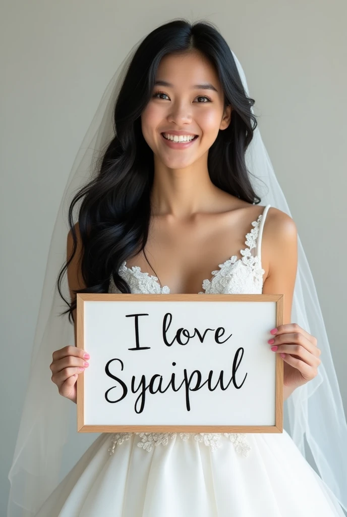 Beautiful girl with black long hair, wedding dress, holding a white board with text "I Love Syaipul" and showing it to the viewer