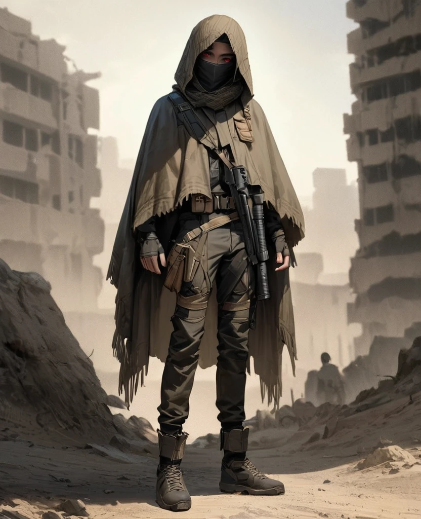 masterpiece, best quality, realistic, 1man, 21 years old, eyes visable, masculine features, fit, looking worn down, albino skin, kevlar armor (like swat), Post-apocalypse, doomsday wasteland style, fingerless gloves, gloves, belt, full body, armor, standing, simple background, military kit, mask that covers his lower face, slight western aesthetic mixed with modern aesthetic, full modern body armor, wearing poncho, red eyes, revolver holstered on hip, head wrapping, goggles on head, looks like Death Gun from “Sword Art Online”, looks like Cad Bane from “Star Wars”