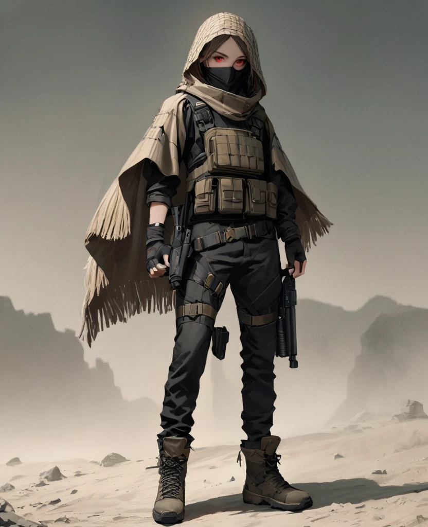 masterpiece, best quality, realistic, 1man, 21 years old, eyes visable, masculine features, fit, looking worn down, albino skin, kevlar armor (like swat), Post-apocalypse, doomsday wasteland style, fingerless gloves, gloves, belt, full body, armor, standing, simple background, military kit, mask that covers his lower face, slight western aesthetic mixed with modern aesthetic, full modern body armor, wearing poncho, red eyes, revolver holstered on hip, head wrapping, goggles on head, looks like Death Gun from “Sword Art Online”, looks like Cad Bane from “Star Wars”