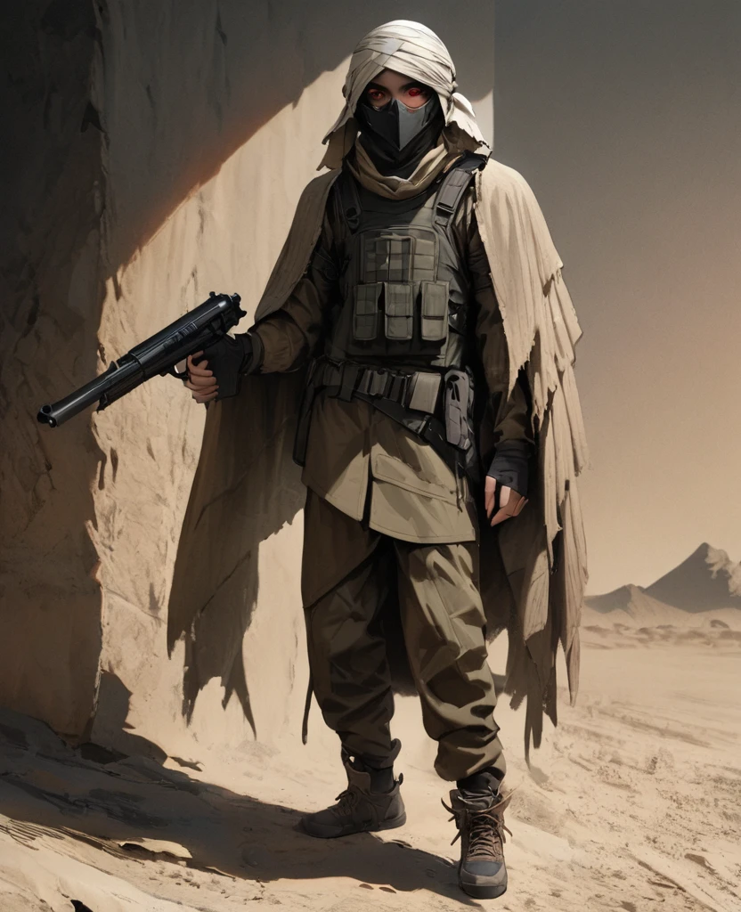 masterpiece, best quality, realistic, 1man, 21 years old, eyes visable, masculine features, fit, looking worn down, albino skin, kevlar armor (like swat), Post-apocalypse, doomsday wasteland style, fingerless gloves, gloves, belt, full body, armor, standing, simple background, military kit, mask that covers his lower face, slight western aesthetic mixed with modern aesthetic, full modern body armor, wearing poncho, red eyes, revolver holstered on hip, head wrapping, goggles on head, looks like Death Gun from “Sword Art Online”, looks like Cad Bane from “Star Wars”