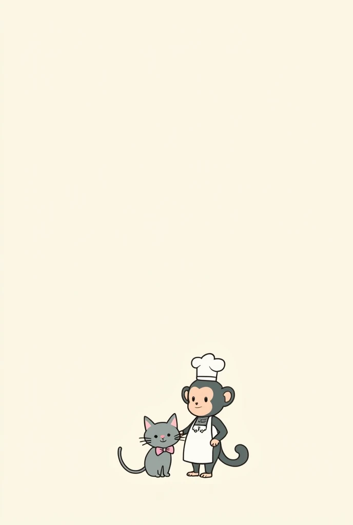 In a simple minimalist drawing format, a chef monkey next to a pastry cat