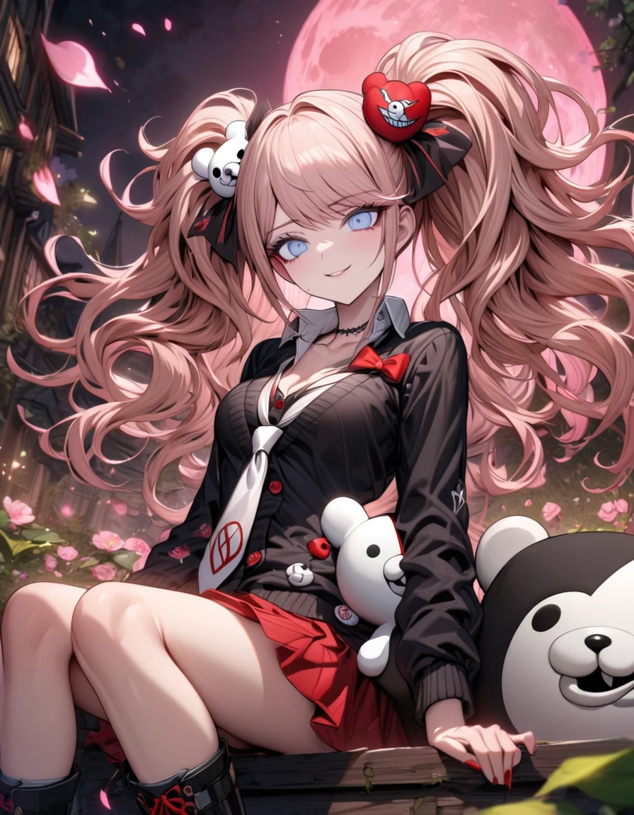 Ultra detailed, highres, absurdres, HDR, master piece, Enoshima Junko, strawberry-blonde hair tied in two twin pigtails, expressive light blue eyes, Danganronpa, black cardigan, white long necktie, red skirt, holding a plushie of Monokuma, pink flowers, petals, fireflies, pink moon, woman sitting, solo, extremely beautiful, very detailed face and eyes, best quality, fantasy, magical, black boots, smirking