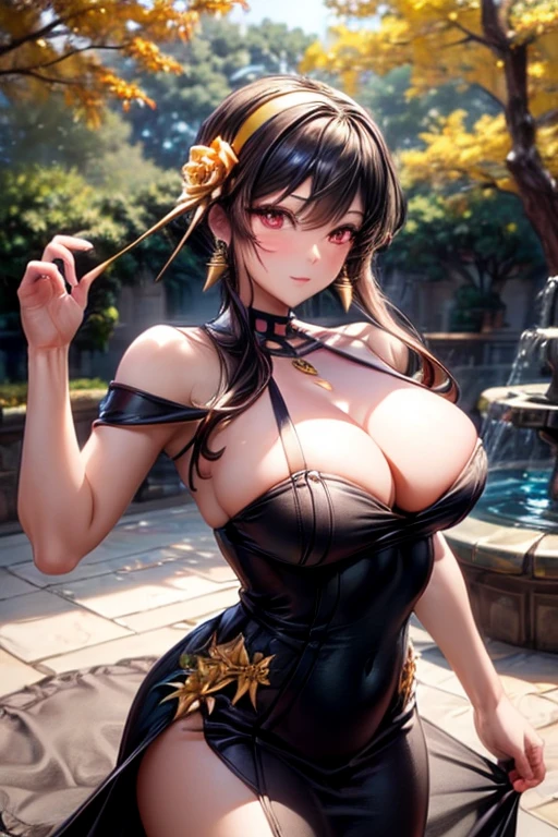 (masterpiece, Best Quality, luz bright, bright, piel bright, ultra detailed, detailed background, complex background),(perfect face, detailed face, detailed eyes,perfect hands,perfect fingers), (big tits:1.2,smile),(mature woman:1.4),cowboy shot,thick,
Yor,by the wide,((ombre hair)),multicolored eyes, gradient eyes, (ojos brights:1.5), mask, (fashion makeup), Chapped lips, hair band, jewelry, earrings, hair ornament, hair flower, flower, gold hair band,dress, black dress,
((park, fountain, leaves in the air, wall, autumn, trees)),((super detailed background)), dynamic poses, ((8k wallpaper)),