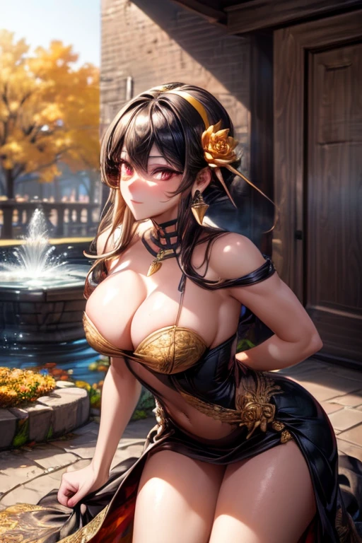 (masterpiece, Best Quality, luz bright, bright, piel bright, ultra detailed, detailed background, complex background),(perfect face, detailed face, detailed eyes,perfect hands,perfect fingers), (big tits:1.2,smile),(mature woman:1.4),cowboy shot,thick,
Yor,by the wide,((ombre hair)),multicolored eyes, gradient eyes, (ojos brights:1.5), mask, (fashion makeup), Chapped lips, hair band, jewelry, earrings, hair ornament, hair flower, flower, gold hair band,dress, black dress,
((park, fountain, leaves in the air, wall, autumn, trees)),((super detailed background)), dynamic poses, ((8k wallpaper)),