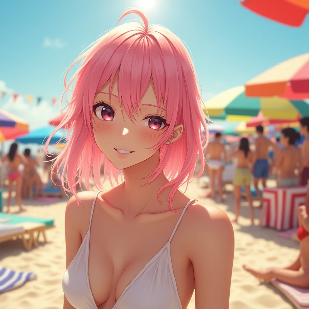 Summer vibes on a bustling beach: A radiant 16-year-old Japanese girl, sporting vibrant pink locks, soaks up the sun's warm rays on a colorful summer bed amidst the lively atmosphere. Her striking big eyes gleam with a subtle smile as she relaxes in her white bikini, showcasing her golden tan. High-definition photography captures every detail of this stunning scene.