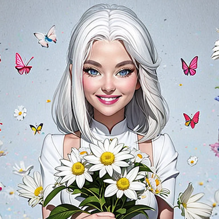 work of art, best qualityer, 1 girl, White hair, smiling, looking ahead at viewer, grown-up, totally mature, holding flower