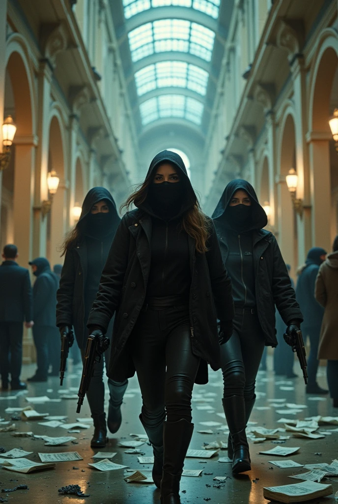 3 women who hold up a bank with guns and take the windows to bring back money