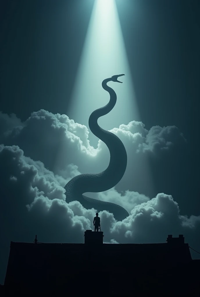 the silhouette of a snake created by the light of a spotlight on the clouds that is on the roof of a building