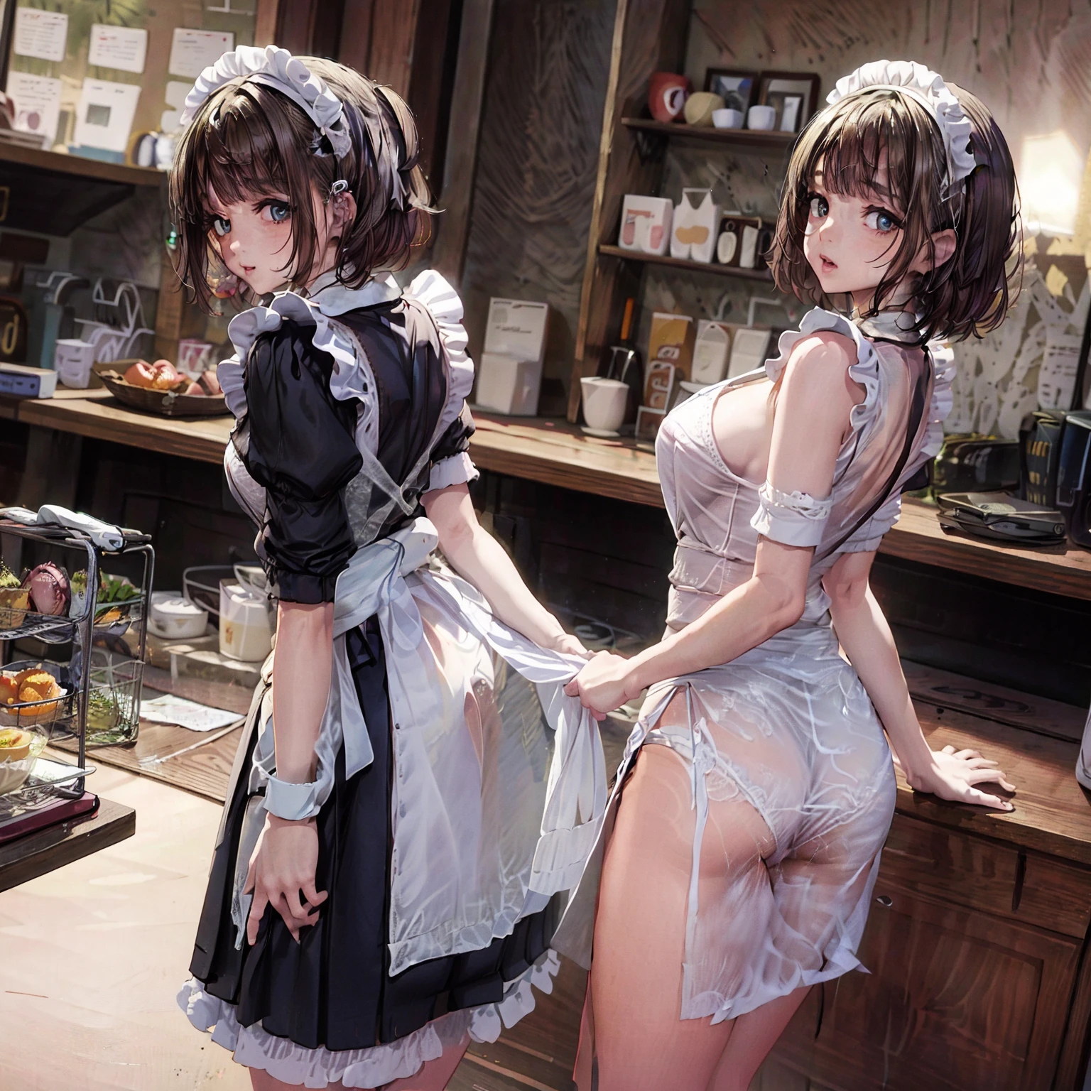 A woman dressed in a maid outfit, Standing with his back to the viewer, Stick your butt out a little, Lift the hem of the maid's skirt to expose her buttocks, Lift your skirt up until your butt is completely exposed, ((Gorgeous black satin panties)), ((Show the crack of the buttocks:1.2)), garter belt, Plump thighs, White tights , ((Take off your panties halfway, Pull down your panties)), A sexy pose that emphasizes the buttocks, stick your ass out more, Blonde Short Bob Hair, ((Butt Exposed)), Take off your panties