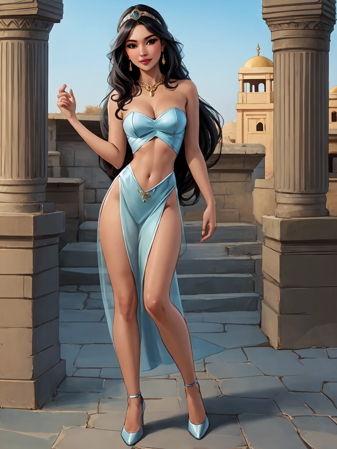 ((Full body photo, standing, feet on the ground)) disney,jasmine,1girl,solo,dark-skinned female,long black hair,jewelry,bare shoulders,exposed medium breasts,revealing cleavage,nipples,midriff,navel BREAK sexy light blue outfit,strapless,light blue veil BREAK looking at viewer seductively,full body shot,(cowboy shot:1.5),flirty smile,ancient persian palace background,outside ancient persian city background,(high quality, masterpiece,photorealistic:1.2),