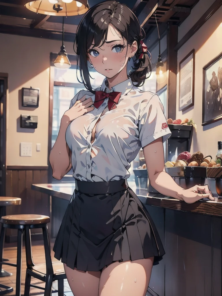 (8k, RAW Photos, Highest quality, masterpiece: 1.2), A woman in a waitress costume poses for a photo, Photorealistic perfect body、cute, Small breasts,solo、Sweat, Dominant Pose