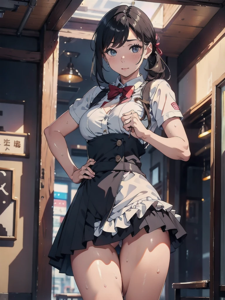 (8k, RAW Photos, Highest quality, masterpiece: 1.2), A woman in a waitress costume poses for a photo, Photorealistic perfect body、cute, Small breasts,solo、Sweat, Dominant Pose