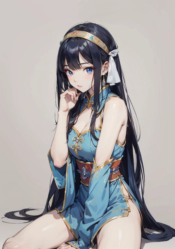 ((no background:1.0)), (cowboy shot), best quality, masterpiece, Solo, detailed cute girl, ancient Chinese costume, large breasts, open neckline, blue cloth, big eyes, parted lips