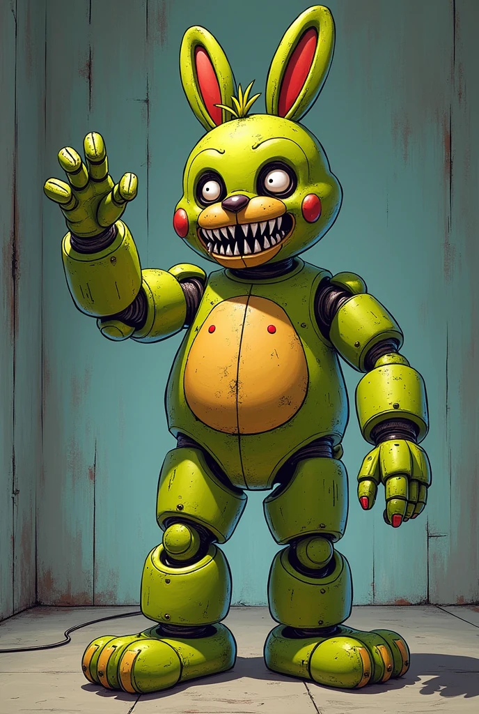 80's style anime drawing, general camera shot, springtrap fnaf, of a greenish yellow rabbit, humanoid, animatronic, with a very sinister expression, which the animatronic, who is waving worse has a macabre expression.