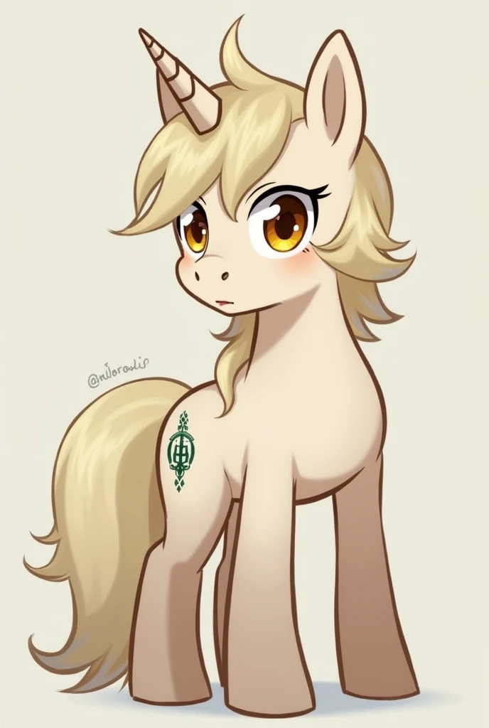 Create an image of the character Ayanokouji Kiyotaka from the anime Classroom of the Elite but as a pony from the MLP world. His hair color is brown and amber eyes and fair skin. He is male and has a cutie mark for manipulation. His fur is shorter like a book but with a lock of hair on his forehead and a lighter fur tone but with his pony form and without clothes and that he has the and a horn and a face lacking emotions and male a more male mane and without a smile.