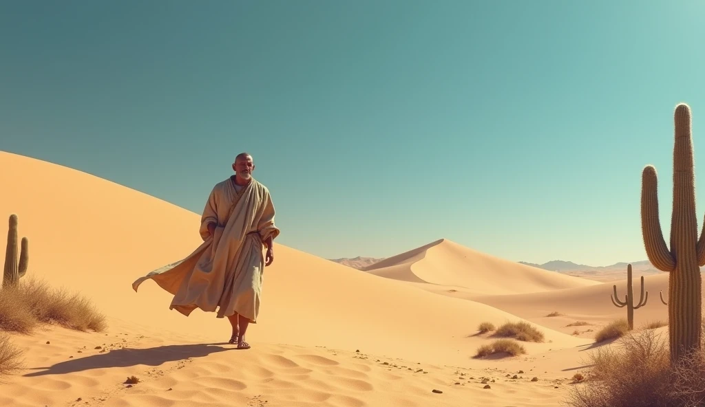 A minor prophet walking through a desert, surrounded by sand dunes and cacti. the sky is deep blue, and the image conveys a sense of loneliness and spiritual searching.