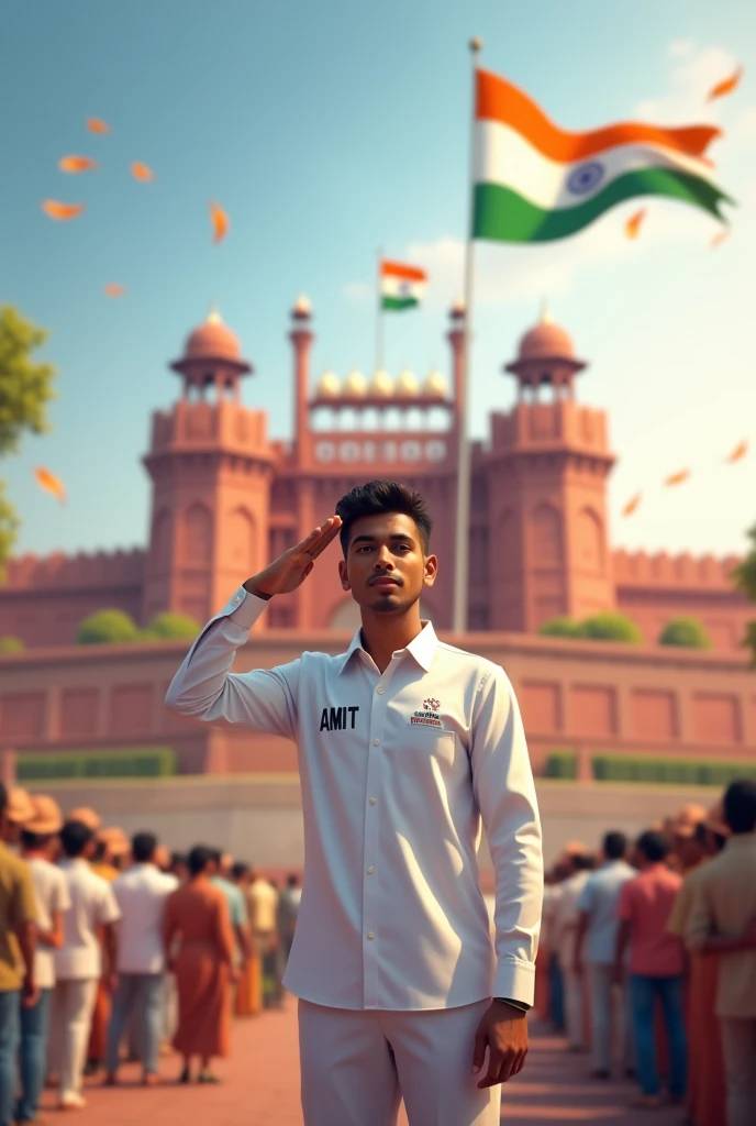 Create a 3D image of 22years old boy is wearing White color shirt and saluting to indian flag and behind him red fort placed a hoisting flag on that, written Happy Independence Day 2024" on the sky and "AMIT" is written on his shirt with bold letters and also in overall image has the divine background like indian republic day. Everyone is celebrating. 