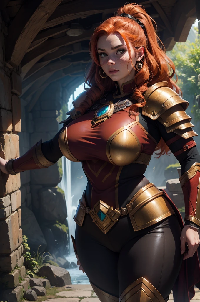 Close up of Dwarven woman, orange hair, maroon armor with gold trim, heavy armor, chubby cheeks, green eyes, freckles on cheeks, freckles on top of , underground, large cavern, carved stone walls, underground waterfall, underground, interior. Show her walking with her hands on her hips. super high quality, super high detail, masterpiece, 4k, 8k, HDR, masters of the universe, vibrant colors, dark shadows, dim lighting