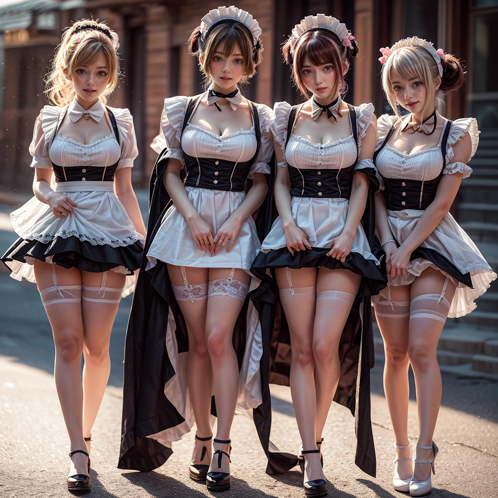 (Full Body of Extremely Detailed((Kawaii Maid Group in a row:1.37))), Cute perfect face, Reflective Eyes, Detailed(Delicate Clothing textures), Correct Leg Line, Dynamic Joyful Expressions LifeLike Rendering, Specular Reflection, TopQuality 8K Ultra-detailed masterpiece (ProfessionalPhoto:1.37), (Acutance:0.8), (Luminism:1.28), (Renaissance art style), Colorful Light particles, ((Full body from side)), {MicroMini Skirt|Kissing|Breast Lifting|Undressing|Thigh Gap}, Radiant Fine Skin with Transparency, (Exposed:0.5), (Different types of Anime hair color){Pink Hair|Cyan Hair|White Hair}, Perfect Lighting 