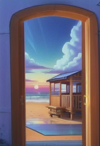 ghibli anime style, portrait of a small lifeguard hut on the beach, beautiful sunset over the ocean, full clouds in the sky, central symmetrical framing, vibrant color