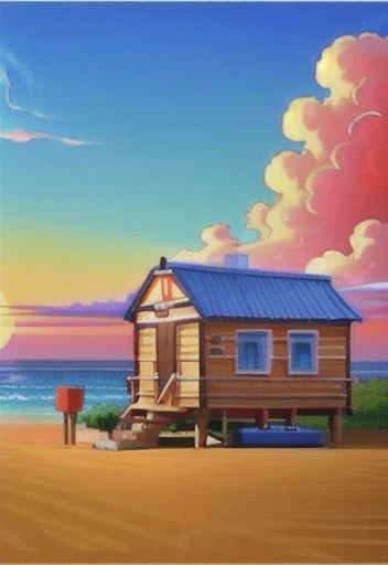 ghibli anime style, portrait of a small lifeguard hut on the beach, beautiful sunset over the ocean, full clouds in the sky, central symmetrical framing, vibrant color